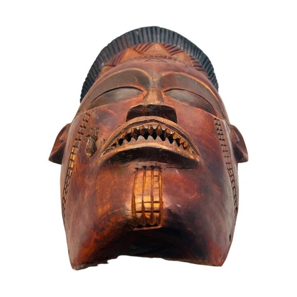 Large Vintage Wooden African Warrior Mask Wall Decor Hand Carved 16" x 9" - Picture 3 of 8